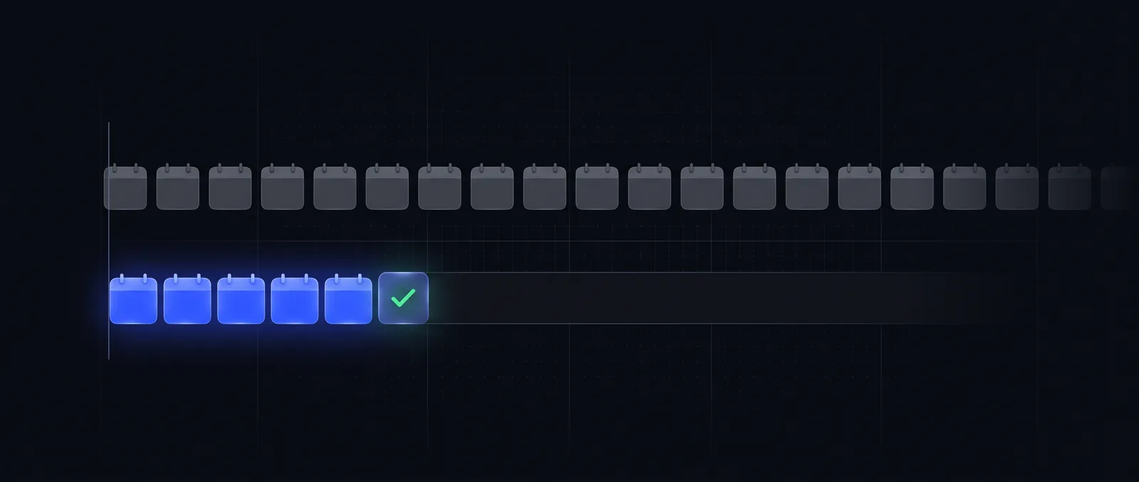 A long row of grey calendar tiles next to a short row of bright blue tiles ending in a check mark