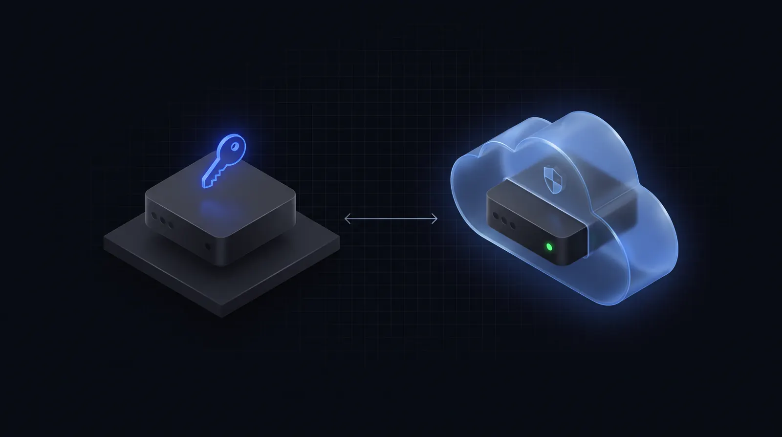 A self-hosted server with a key next to a managed server in the cloud