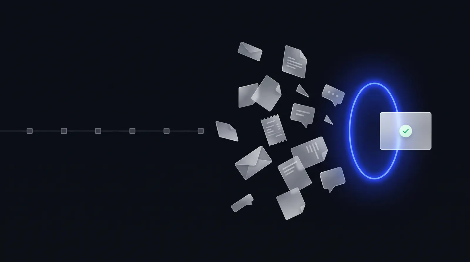 A simple line of identical steps next to messy emails and documents turned into one finished result